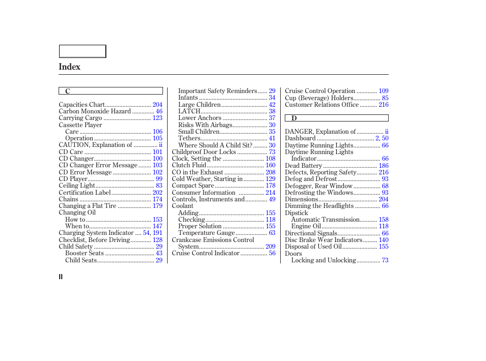 Index | HONDA 2004 Civic Hybrid - Owner's Manual User Manual | Page 223 / 231