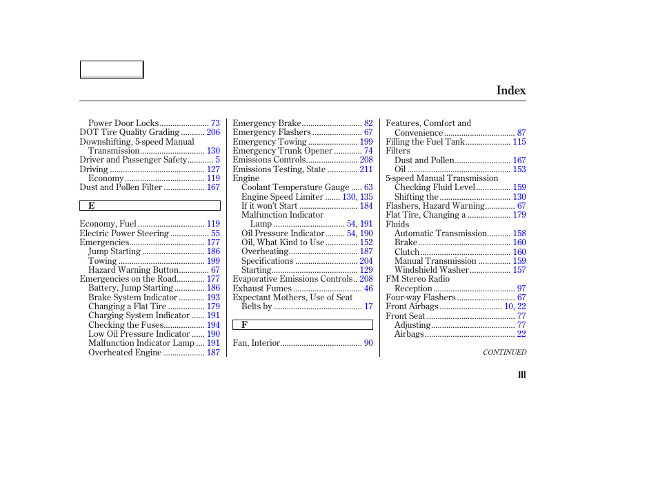 Index | HONDA 2004 Civic Hybrid - Owner's Manual User Manual | Page 224 / 231