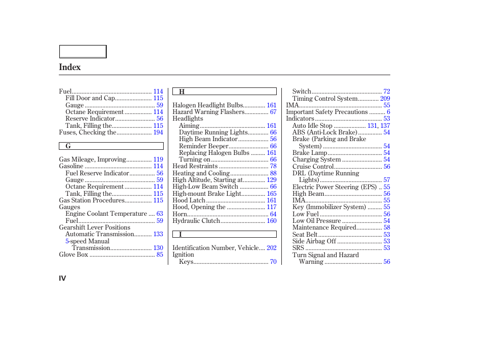 Index | HONDA 2004 Civic Hybrid - Owner's Manual User Manual | Page 225 / 231