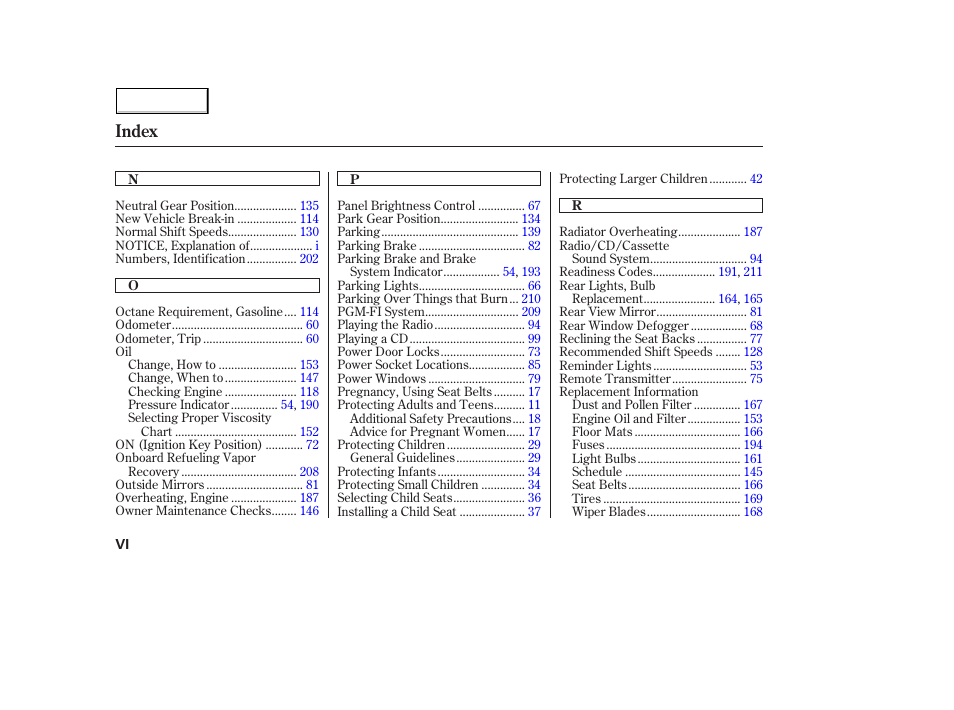 Index | HONDA 2004 Civic Hybrid - Owner's Manual User Manual | Page 227 / 231