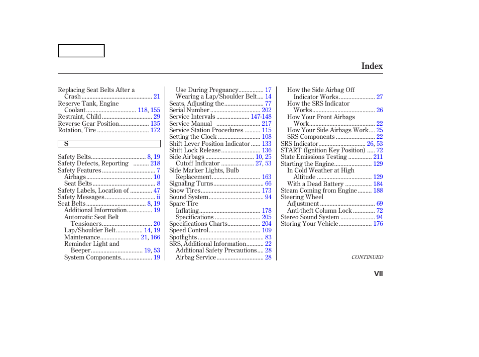 Index | HONDA 2004 Civic Hybrid - Owner's Manual User Manual | Page 228 / 231