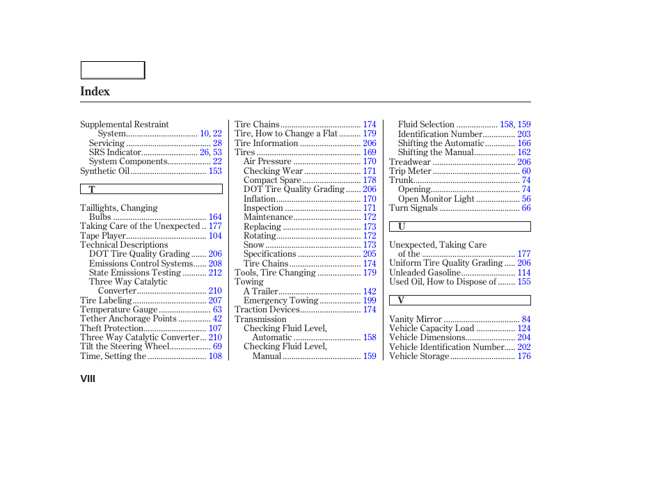 Index | HONDA 2004 Civic Hybrid - Owner's Manual User Manual | Page 229 / 231