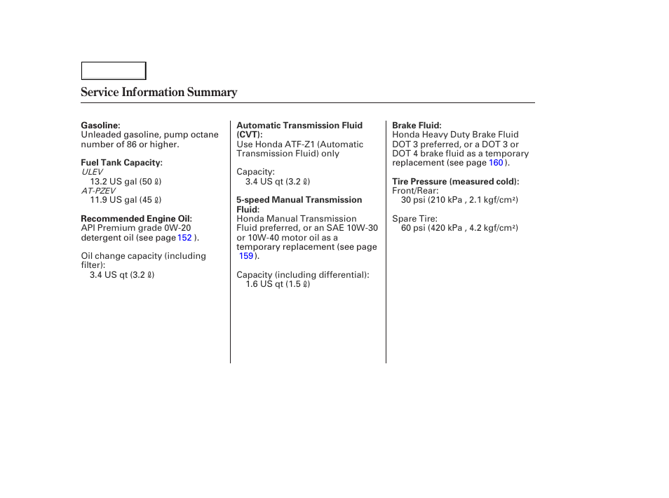 Service information summary | HONDA 2004 Civic Hybrid - Owner's Manual User Manual | Page 231 / 231