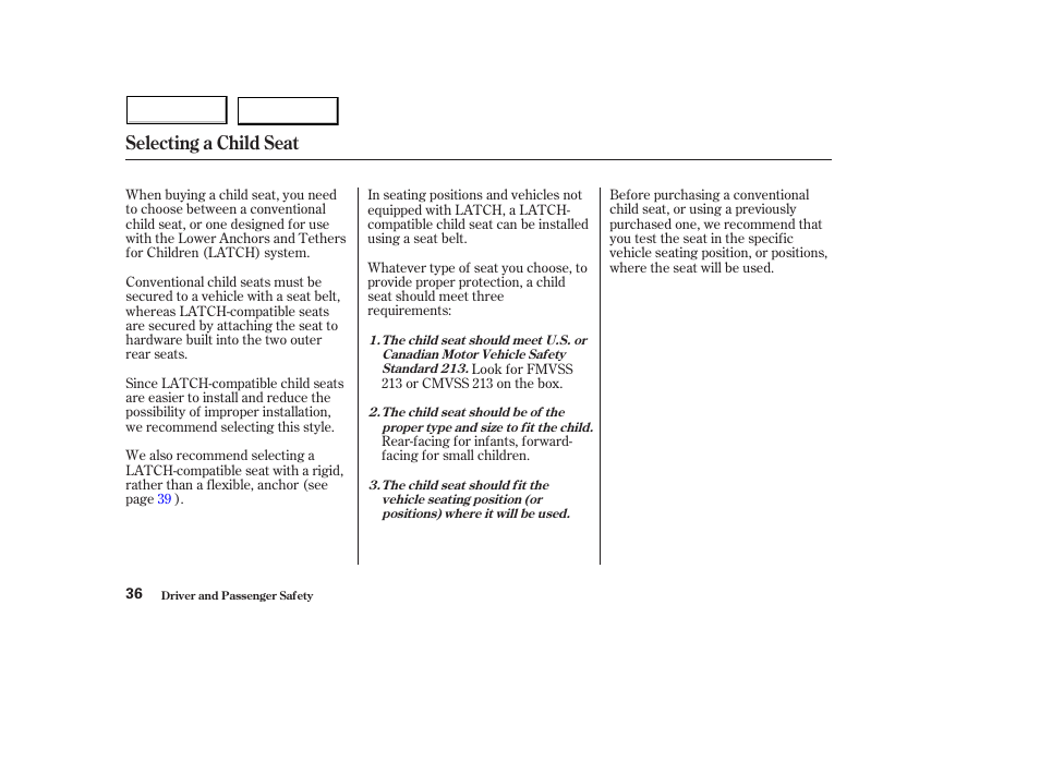 Selecting a child seat | HONDA 2004 Civic Hybrid - Owner's Manual User Manual | Page 39 / 231