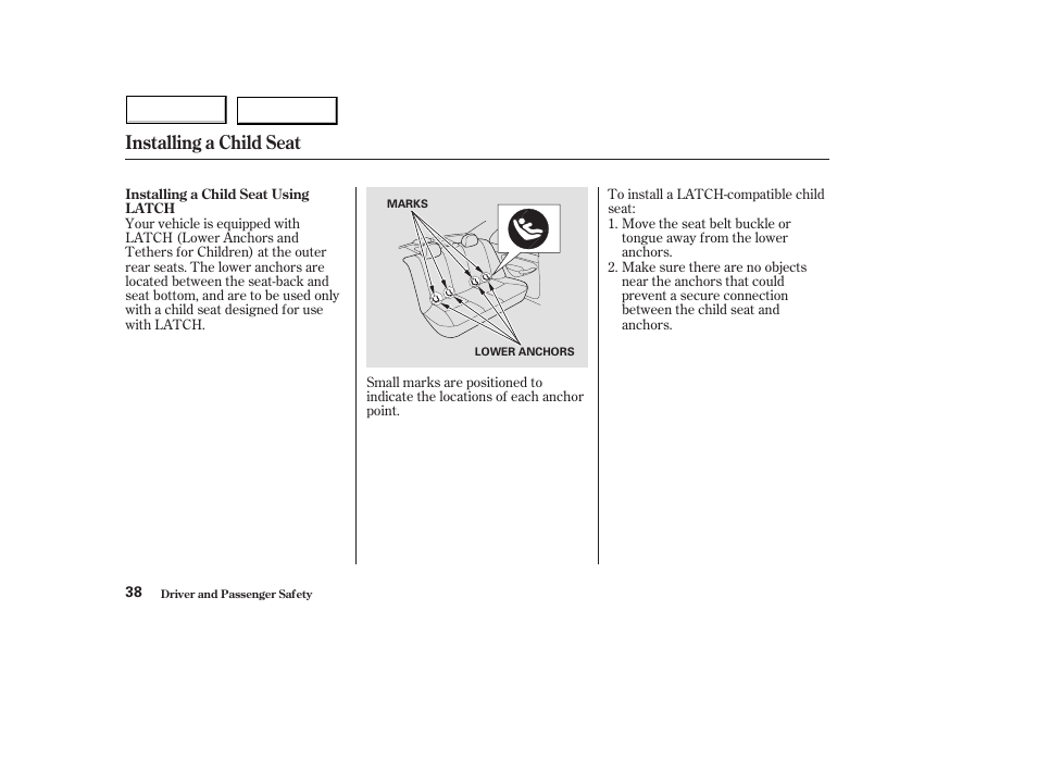 Installing a child seat | HONDA 2004 Civic Hybrid - Owner's Manual User Manual | Page 41 / 231