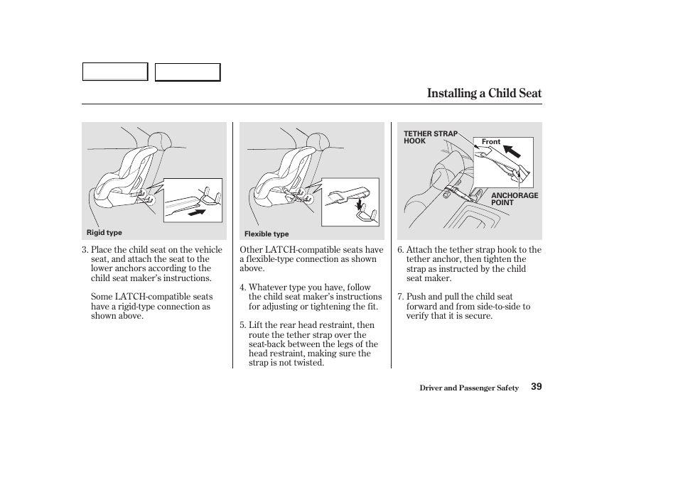 Installing a child seat | HONDA 2004 Civic Hybrid - Owner's Manual User Manual | Page 42 / 231