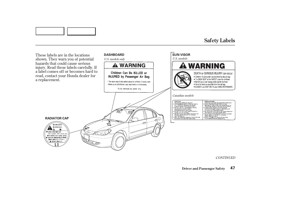 Safety labels | HONDA 2004 Civic Hybrid - Owner's Manual User Manual | Page 50 / 231