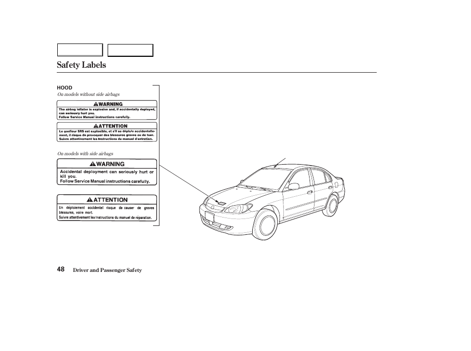 Safety labels | HONDA 2004 Civic Hybrid - Owner's Manual User Manual | Page 51 / 231