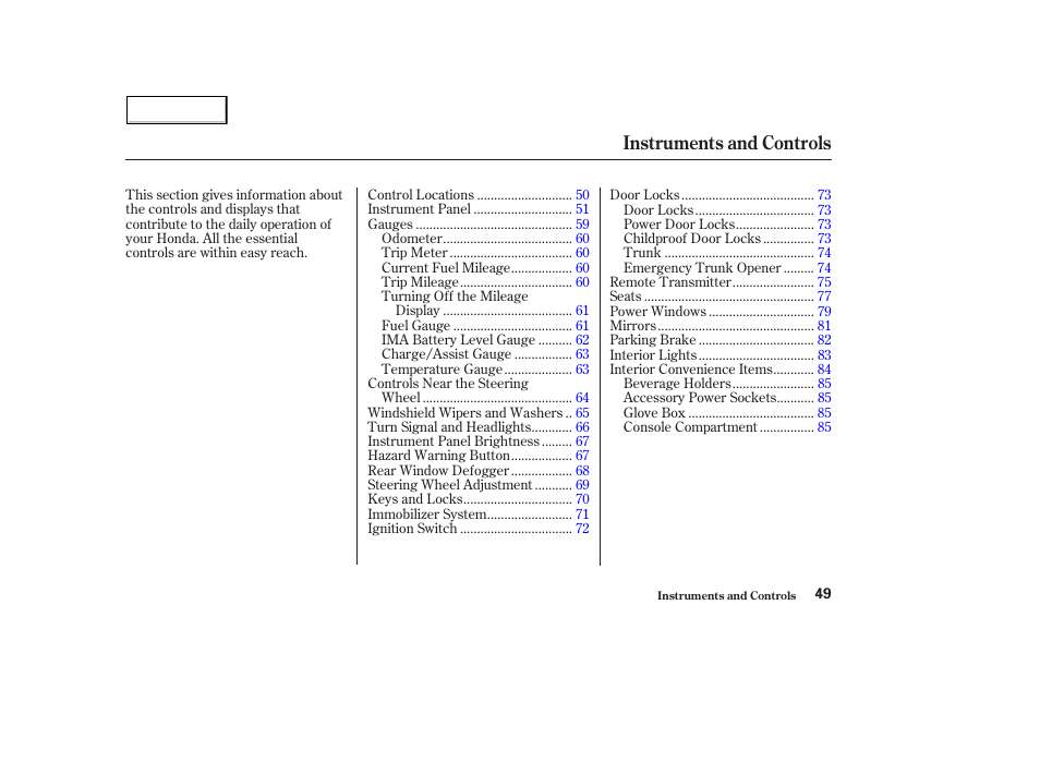 Instruments and controls | HONDA 2004 Civic Hybrid - Owner's Manual User Manual | Page 52 / 231