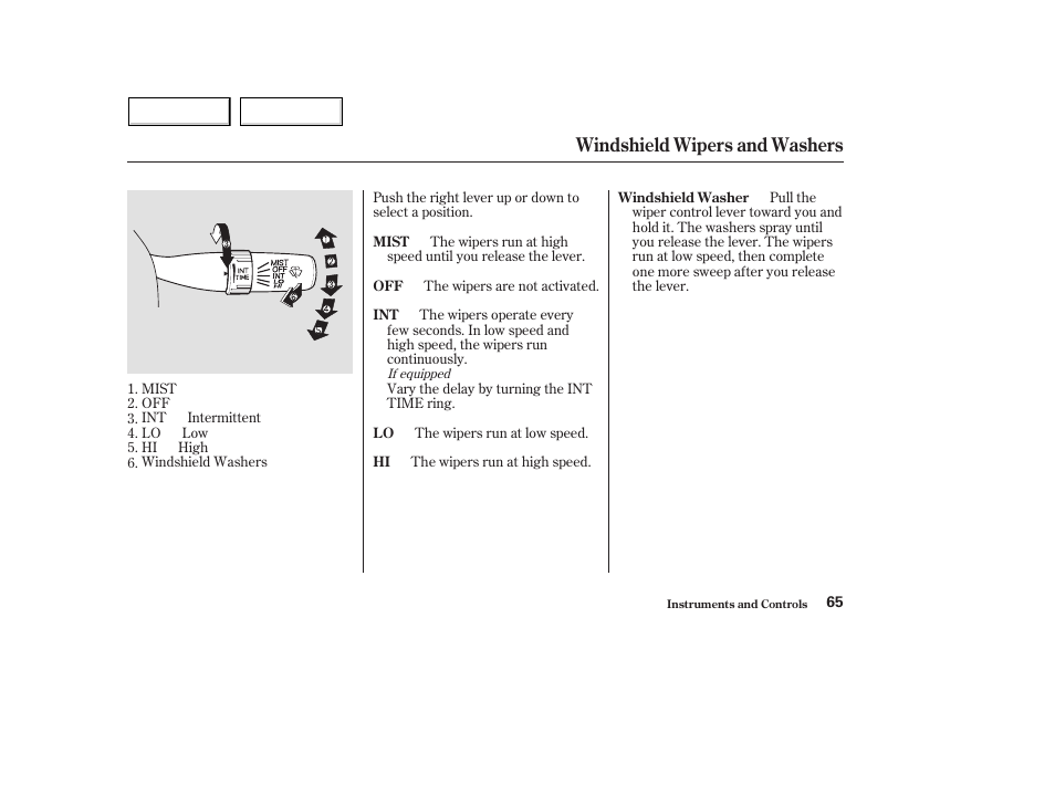 Windshield wipers and washers | HONDA 2004 Civic Hybrid - Owner's Manual User Manual | Page 68 / 231