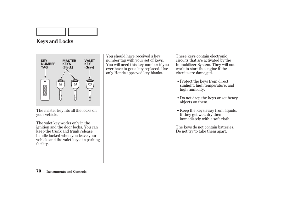 Keys and locks | HONDA 2004 Civic Hybrid - Owner's Manual User Manual | Page 73 / 231