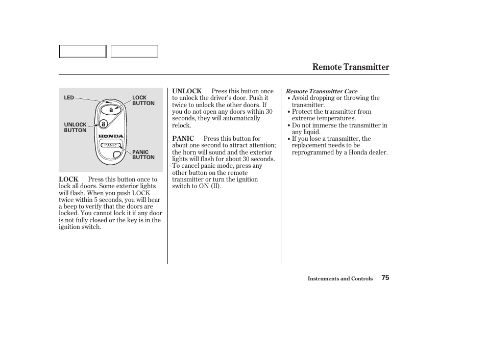 Remote transmitter | HONDA 2004 Civic Hybrid - Owner's Manual User Manual | Page 78 / 231