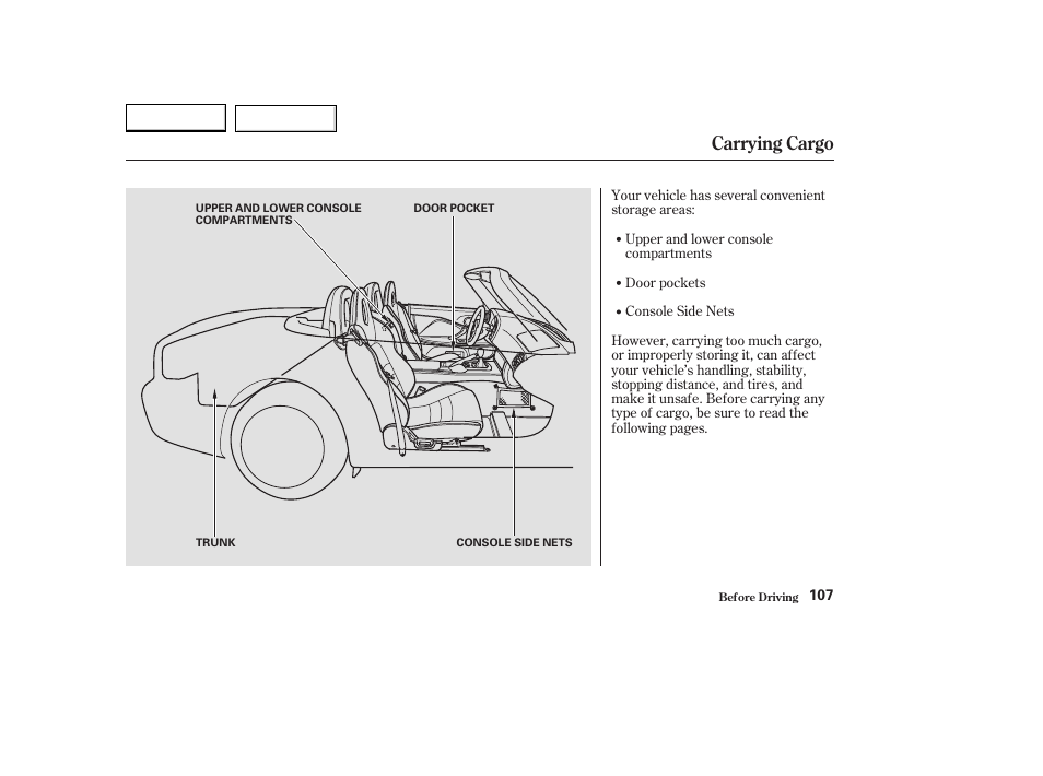 Carrying cargo | HONDA 2004 S2000 - Owner's Manual User Manual | Page 110 / 208