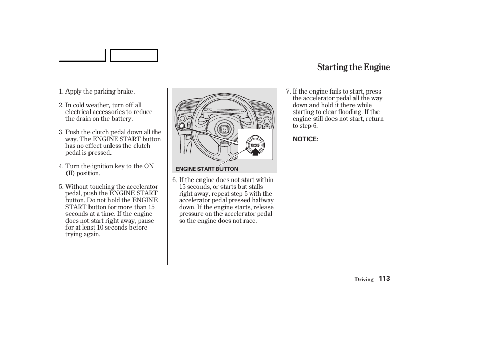Starting the engine | HONDA 2004 S2000 - Owner's Manual User Manual | Page 116 / 208