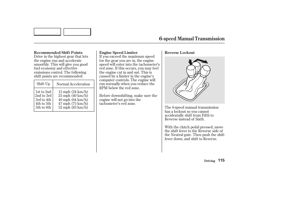 Speed manual transmission | HONDA 2004 S2000 - Owner's Manual User Manual | Page 118 / 208