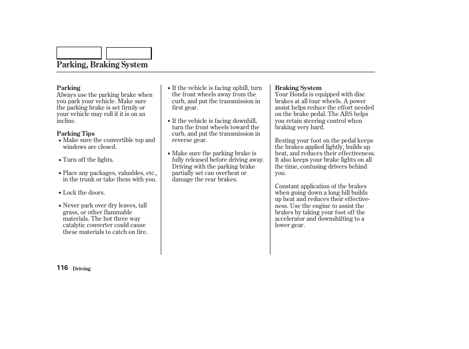 Parking, braking system | HONDA 2004 S2000 - Owner's Manual User Manual | Page 119 / 208