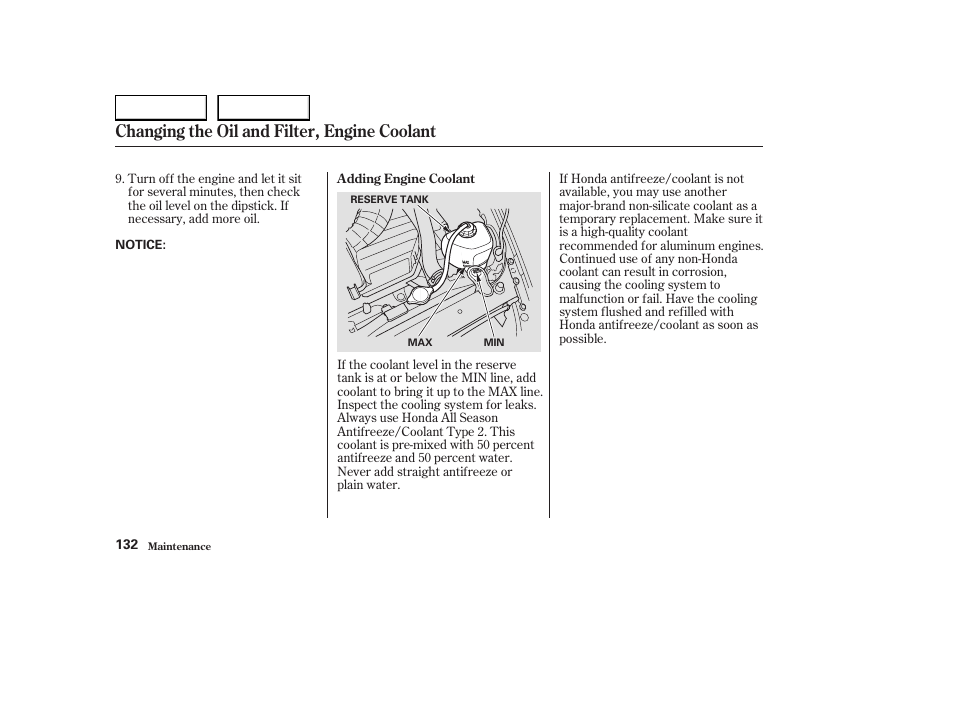 Changing the oil and filter, engine coolant | HONDA 2004 S2000 - Owner's Manual User Manual | Page 135 / 208