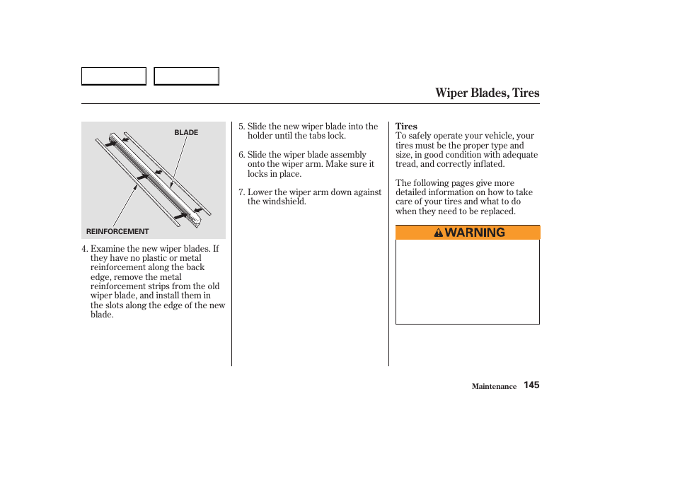 Wiper blades, tires | HONDA 2004 S2000 - Owner's Manual User Manual | Page 148 / 208