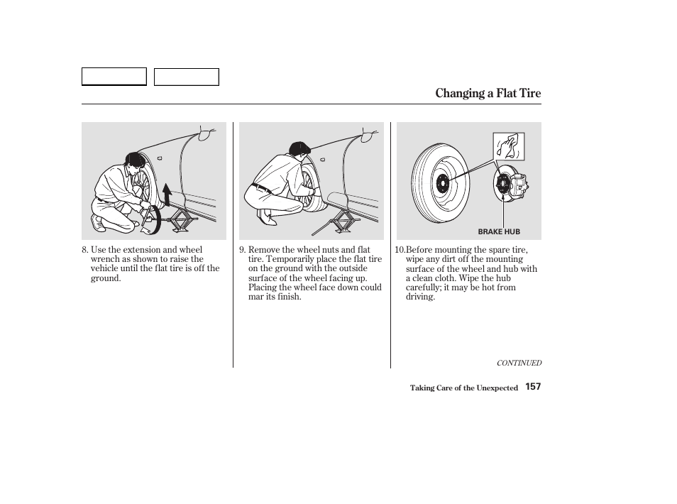 Changing a flat tire | HONDA 2004 S2000 - Owner's Manual User Manual | Page 160 / 208