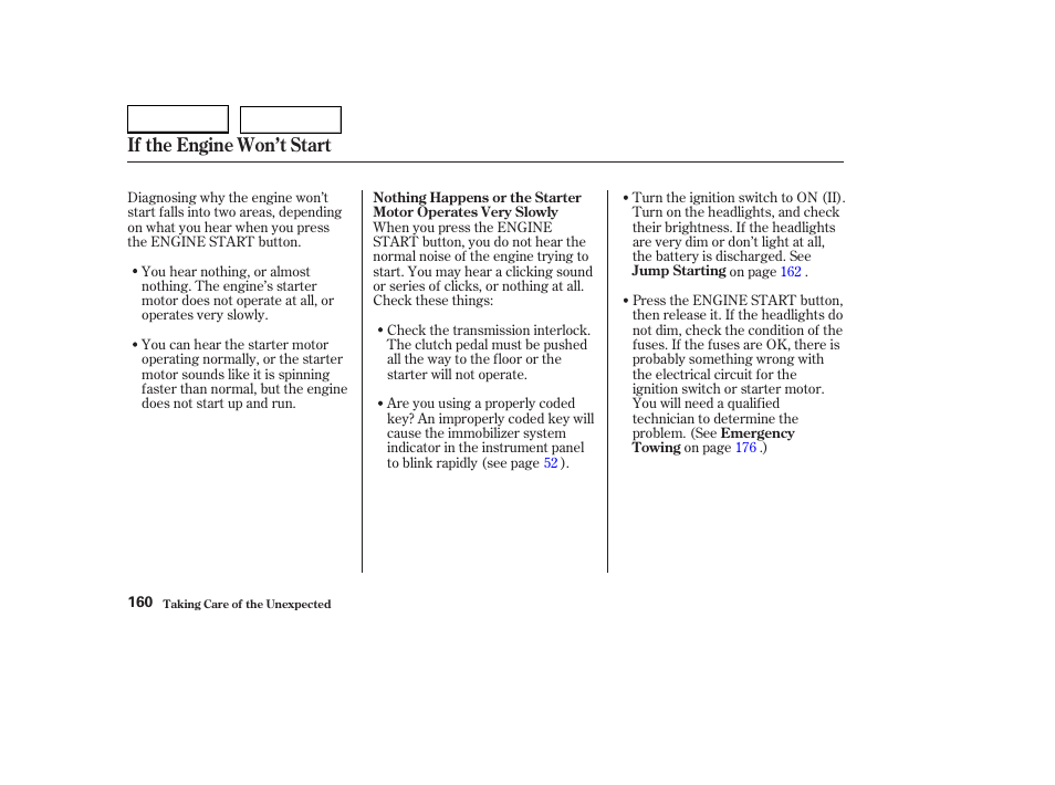 If the engine won’t start | HONDA 2004 S2000 - Owner's Manual User Manual | Page 163 / 208