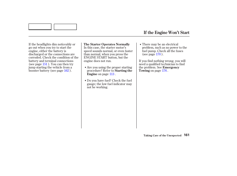 If the engine won’t start | HONDA 2004 S2000 - Owner's Manual User Manual | Page 164 / 208