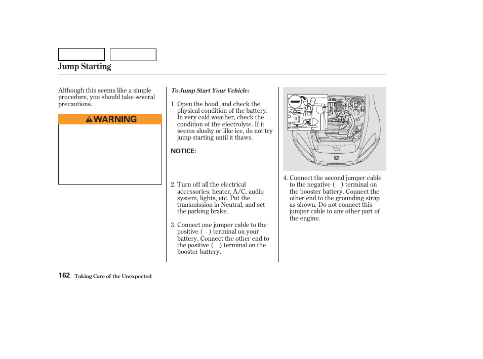 Jump starting | HONDA 2004 S2000 - Owner's Manual User Manual | Page 165 / 208