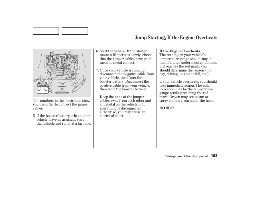 Jump starting, if the engine overheats | HONDA 2004 S2000 - Owner's Manual User Manual | Page 166 / 208