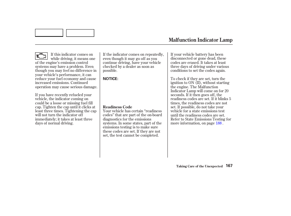 Malfunction indicator lamp | HONDA 2004 S2000 - Owner's Manual User Manual | Page 170 / 208
