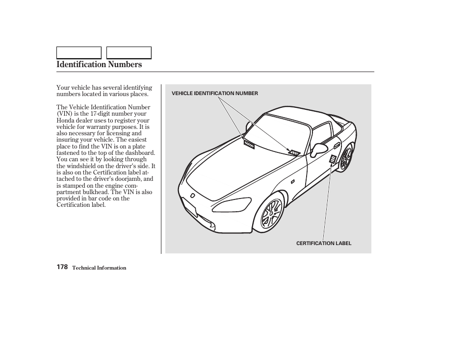 Identification numbers | HONDA 2004 S2000 - Owner's Manual User Manual | Page 181 / 208