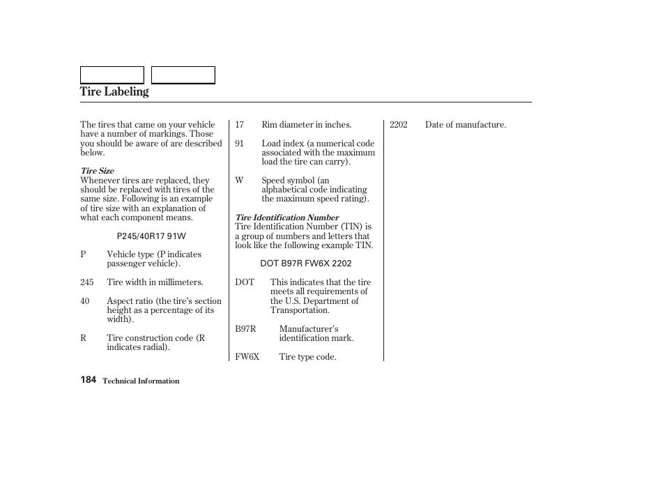 Tire labeling | HONDA 2004 S2000 - Owner's Manual User Manual | Page 187 / 208