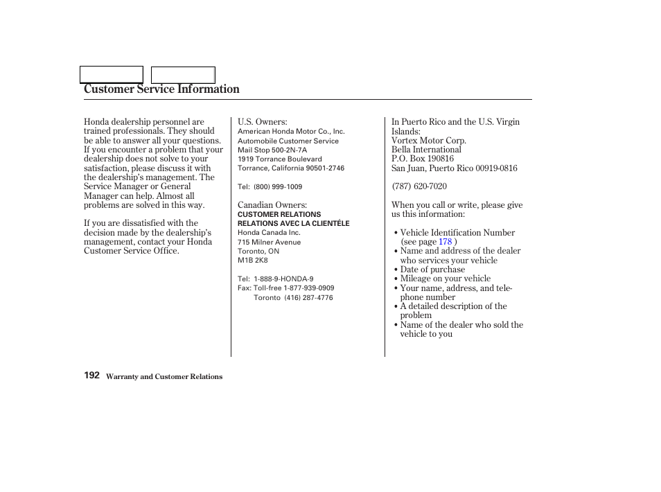 Customer service information | HONDA 2004 S2000 - Owner's Manual User Manual | Page 195 / 208