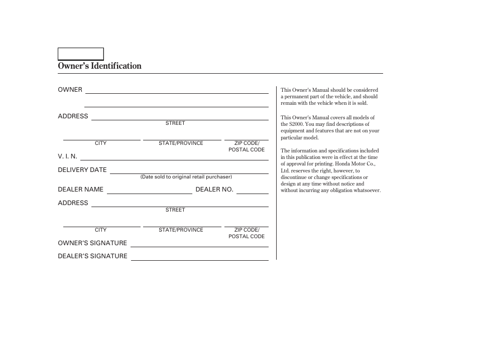 Owner's identification form, Owner’s identification | HONDA 2004 S2000 - Owner's Manual User Manual | Page 2 / 208