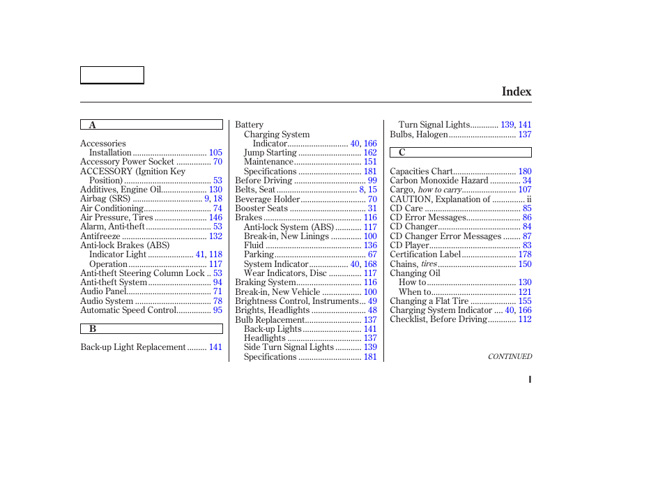 Index | HONDA 2004 S2000 - Owner's Manual User Manual | Page 200 / 208