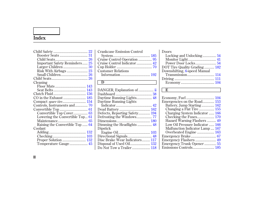 Index | HONDA 2004 S2000 - Owner's Manual User Manual | Page 201 / 208