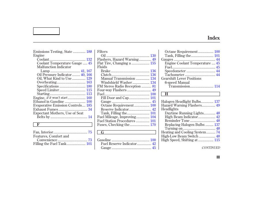Index | HONDA 2004 S2000 - Owner's Manual User Manual | Page 202 / 208