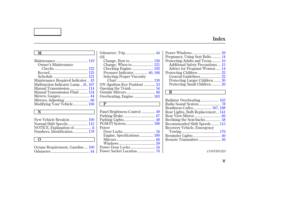 Index | HONDA 2004 S2000 - Owner's Manual User Manual | Page 204 / 208