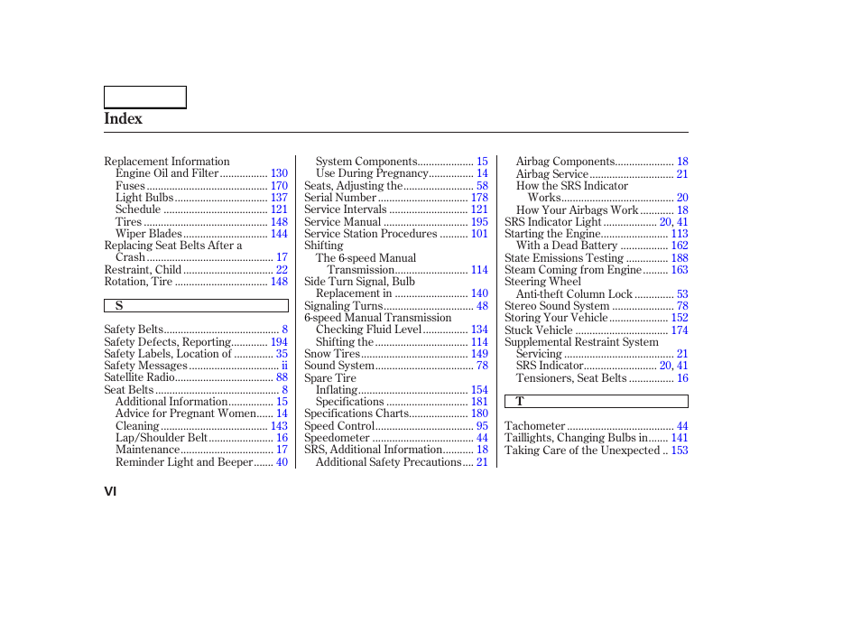 Index | HONDA 2004 S2000 - Owner's Manual User Manual | Page 205 / 208