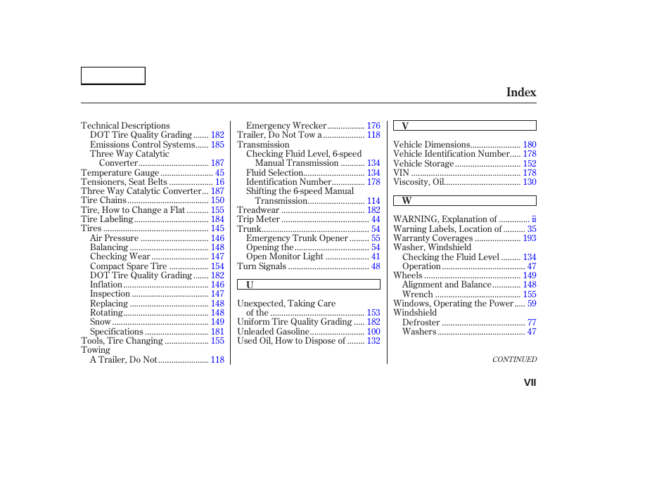 Index | HONDA 2004 S2000 - Owner's Manual User Manual | Page 206 / 208