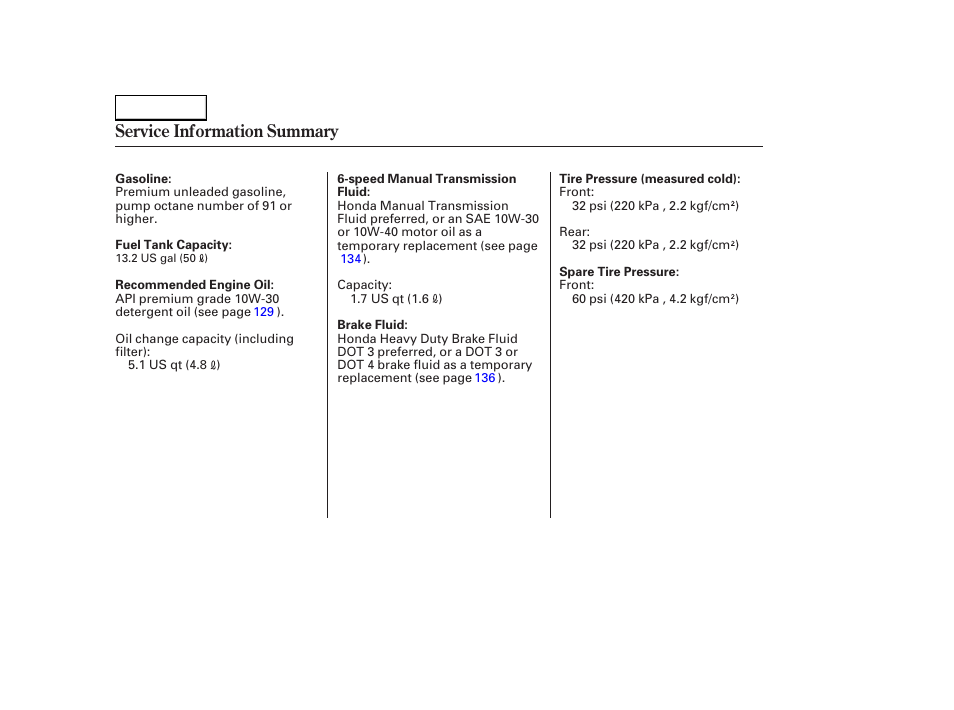Service information summary | HONDA 2004 S2000 - Owner's Manual User Manual | Page 208 / 208