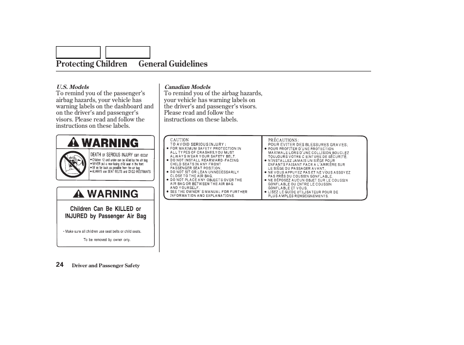 Protecting children general guidelines | HONDA 2004 S2000 - Owner's Manual User Manual | Page 27 / 208