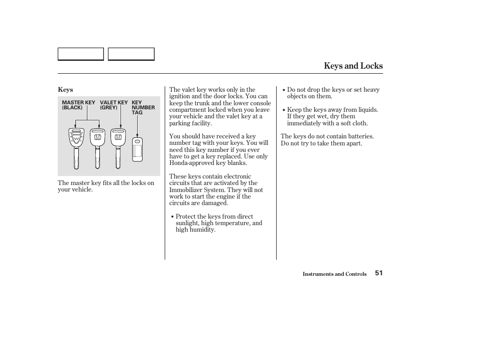 Keys and locks | HONDA 2004 S2000 - Owner's Manual User Manual | Page 54 / 208
