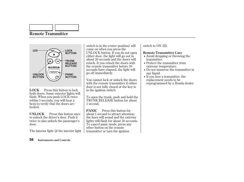 Remote transmitter | HONDA 2004 S2000 - Owner's Manual User Manual | Page 59 / 208