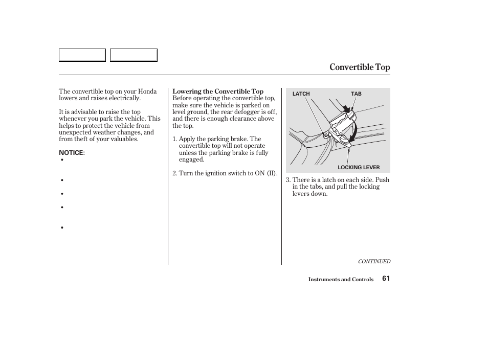 Convertible top | HONDA 2004 S2000 - Owner's Manual User Manual | Page 64 / 208