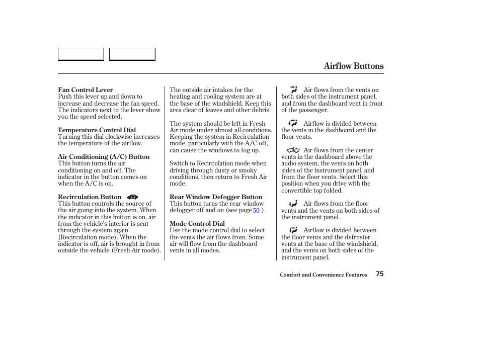 Airflow buttons | HONDA 2004 S2000 - Owner's Manual User Manual | Page 78 / 208