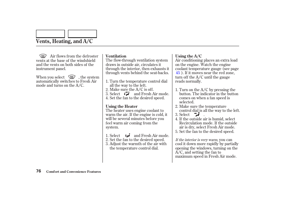 Vents, heating, and a/c | HONDA 2004 S2000 - Owner's Manual User Manual | Page 79 / 208