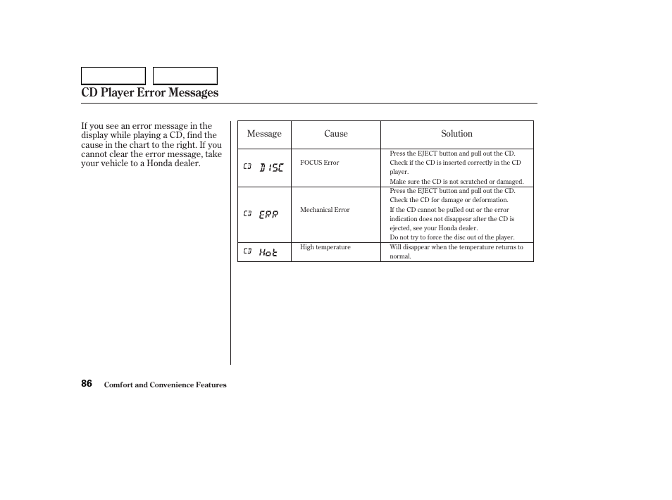 Cd player error messages | HONDA 2004 S2000 - Owner's Manual User Manual | Page 89 / 208