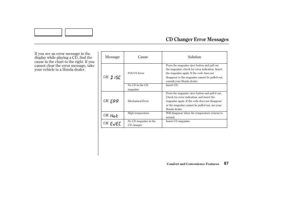 Cd changer error messages | HONDA 2004 S2000 - Owner's Manual User Manual | Page 90 / 208