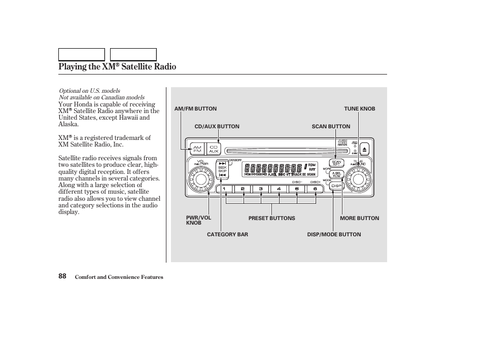 Playing the xm satellite radio | HONDA 2004 S2000 - Owner's Manual User Manual | Page 91 / 208