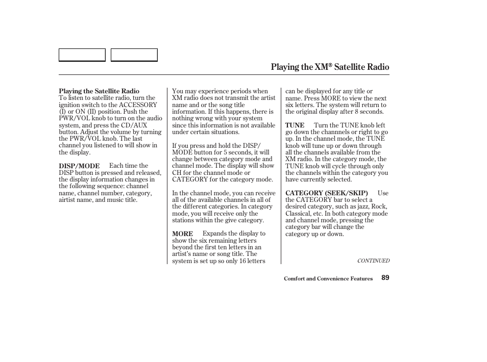 Playing the xm satellite radio | HONDA 2004 S2000 - Owner's Manual User Manual | Page 92 / 208