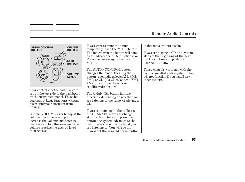 Remote audio controls | HONDA 2004 S2000 - Owner's Manual User Manual | Page 96 / 208